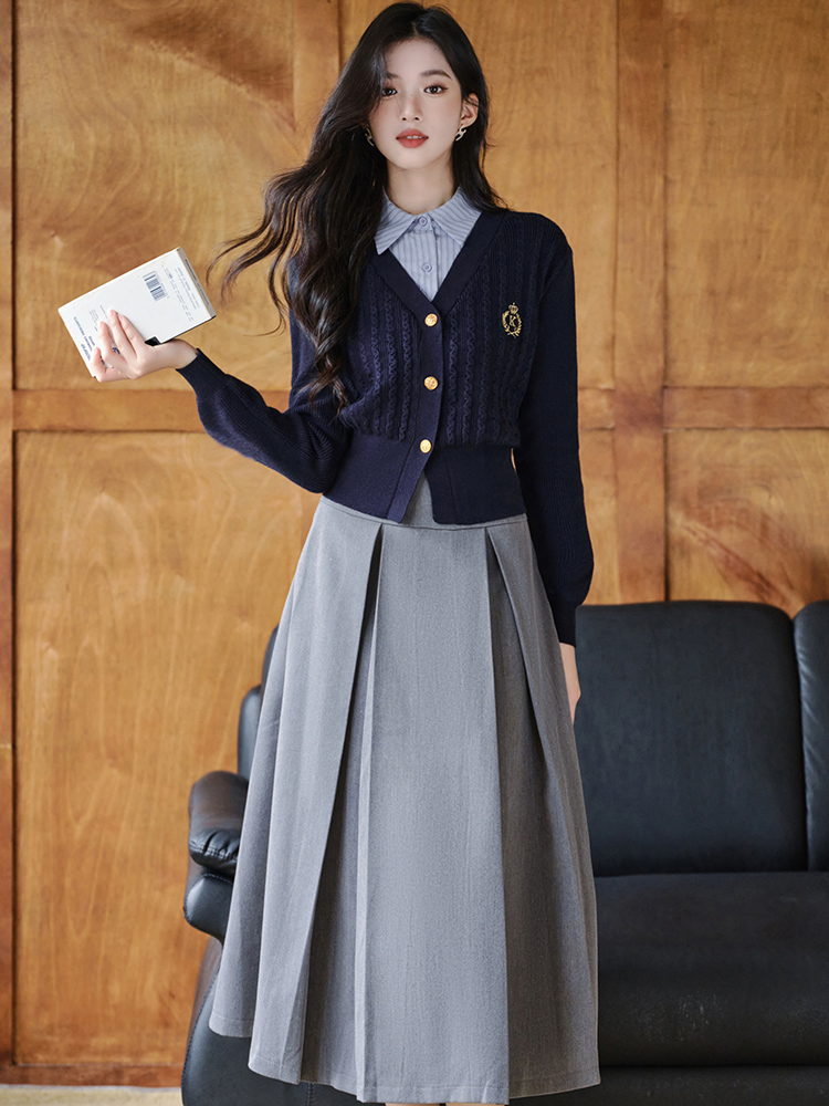Pseudo-two long skirt autumn cardigan 2pcs set for women