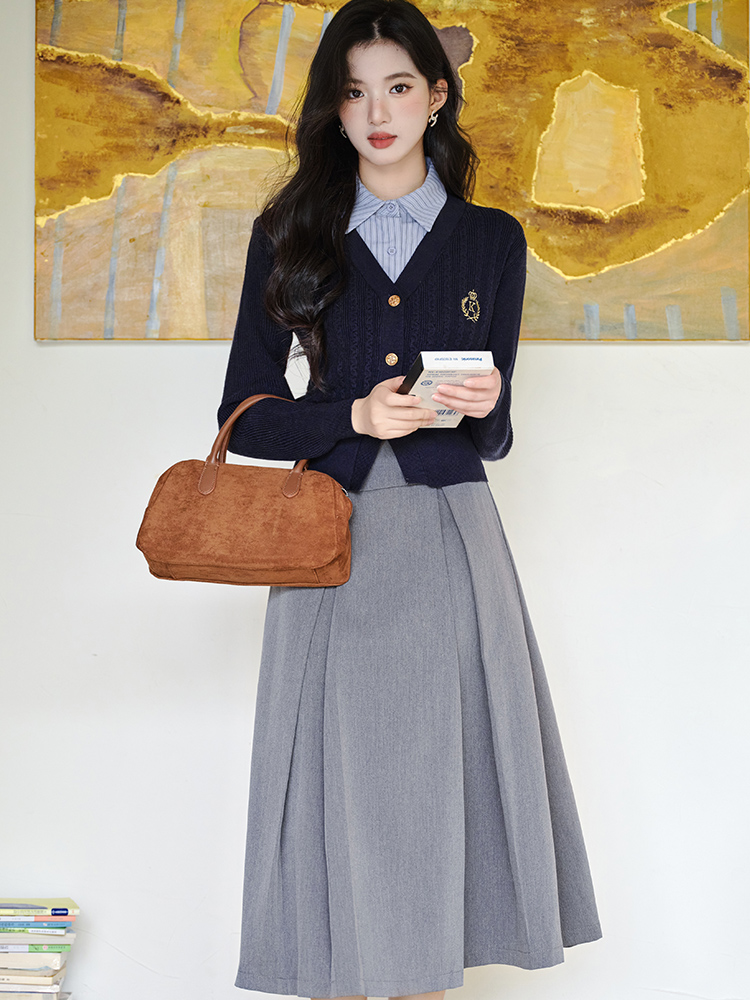 Pseudo-two long skirt autumn cardigan 2pcs set for women