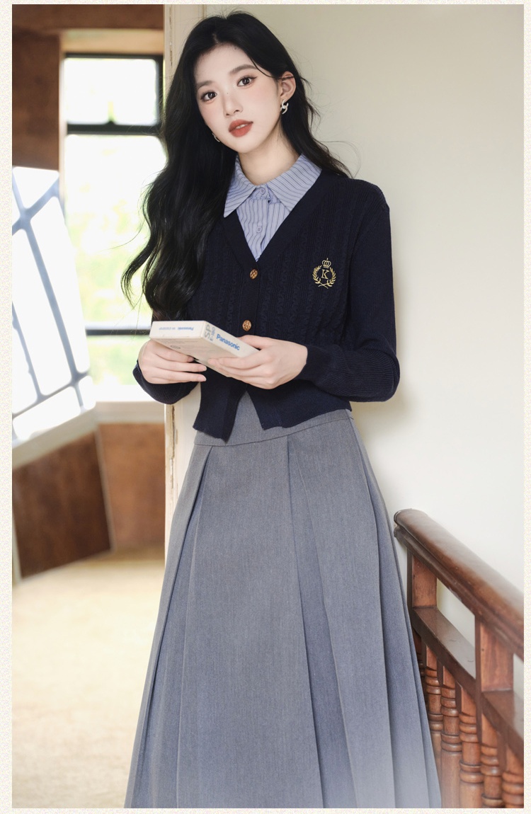 Pseudo-two long skirt autumn cardigan 2pcs set for women