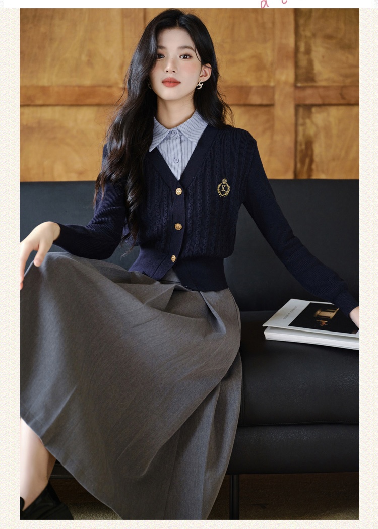 Pseudo-two long skirt autumn cardigan 2pcs set for women
