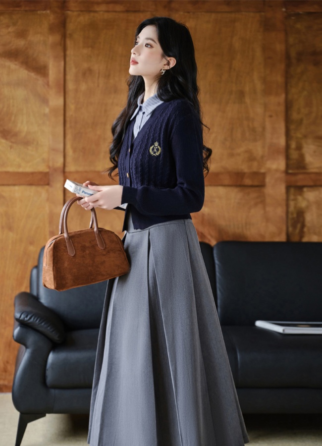 Pseudo-two long skirt autumn cardigan 2pcs set for women