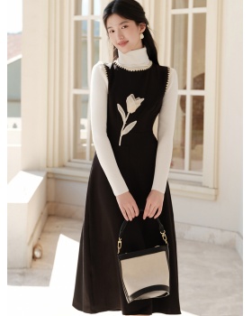 Cstand collar autumn sweater flowers retro dress 2pcs set