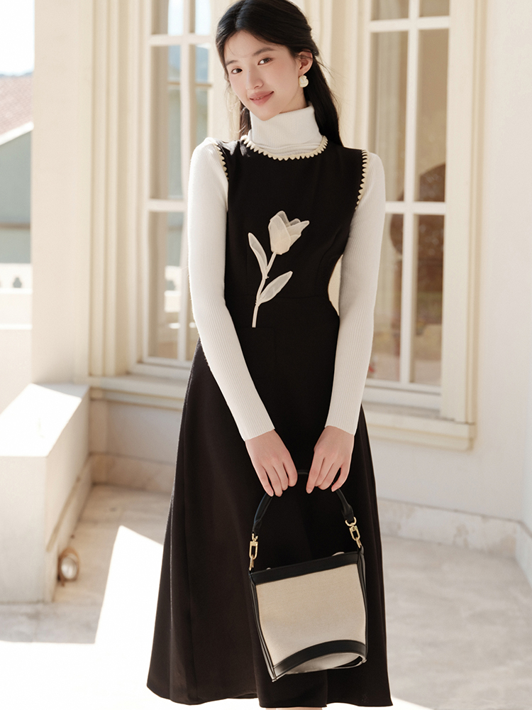 Cstand collar autumn sweater flowers retro dress 2pcs set