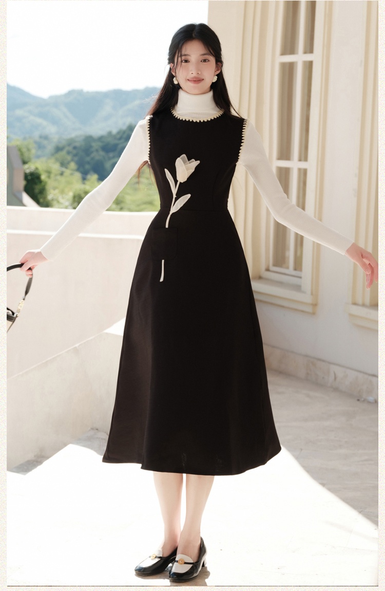 Cstand collar autumn sweater flowers retro dress 2pcs set