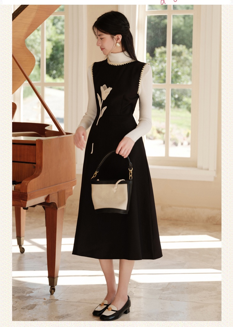 Cstand collar autumn sweater flowers retro dress 2pcs set