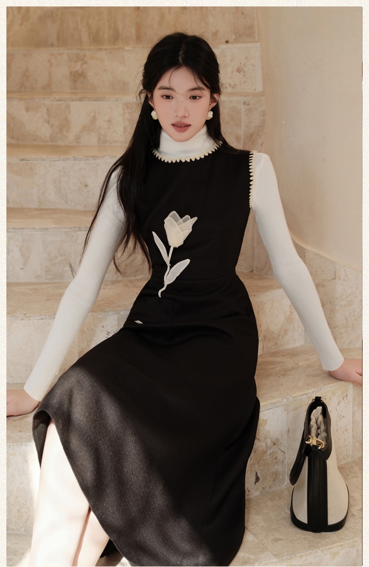 Cstand collar autumn sweater flowers retro dress 2pcs set