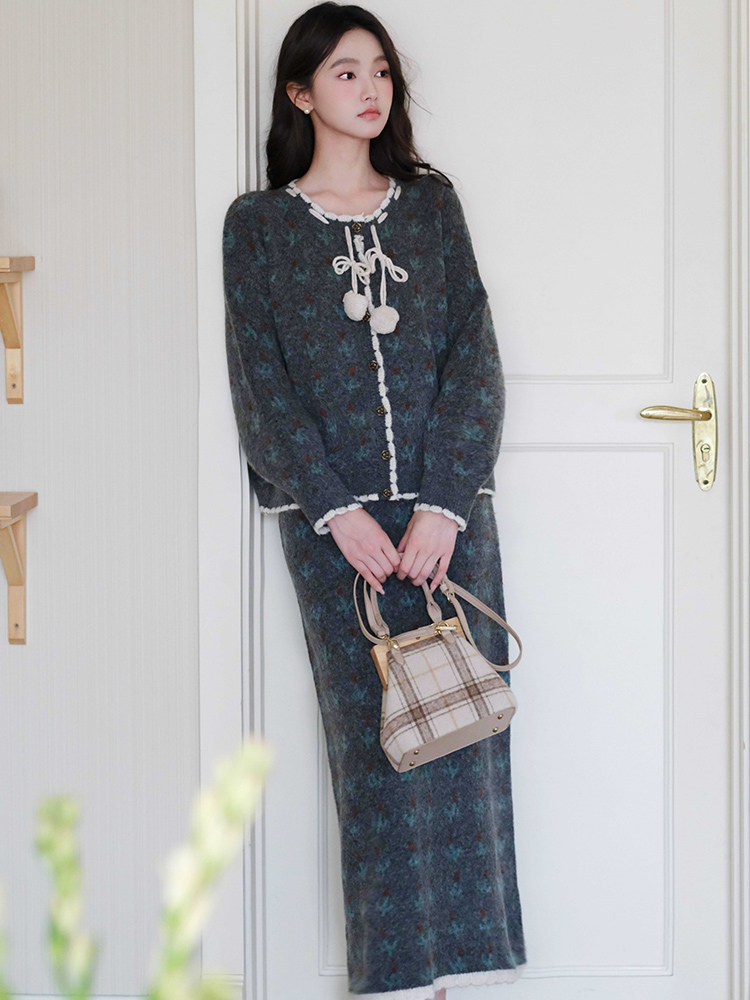 Frenum France style sweater knitted skirt 2pcs set
