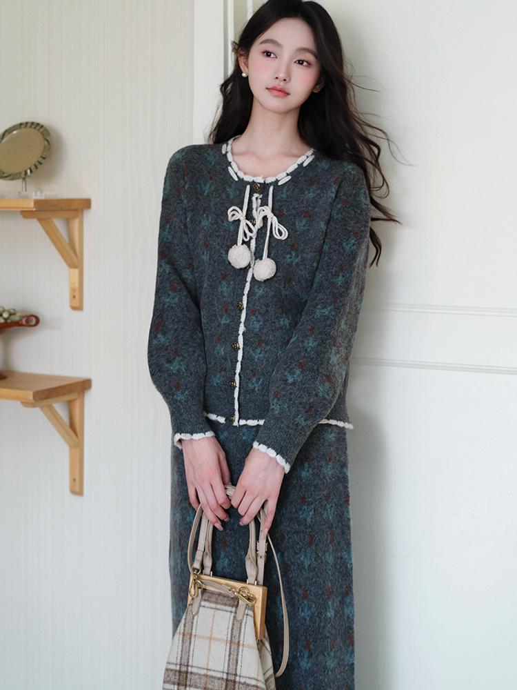 Frenum France style sweater knitted skirt 2pcs set