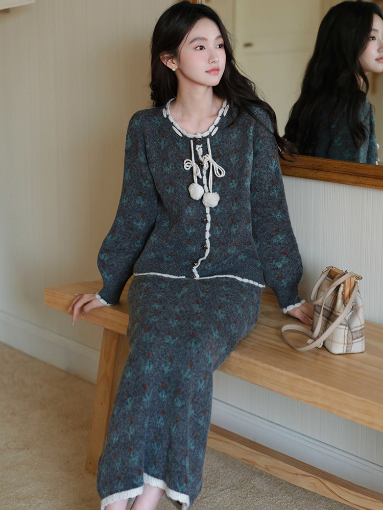 Frenum France style sweater knitted skirt 2pcs set