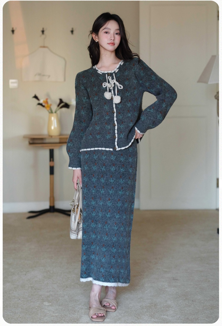 Frenum France style sweater knitted skirt 2pcs set