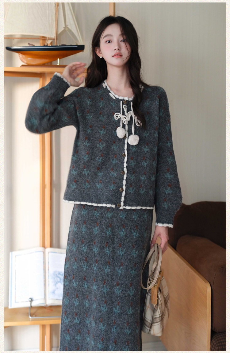 Frenum France style sweater knitted skirt 2pcs set