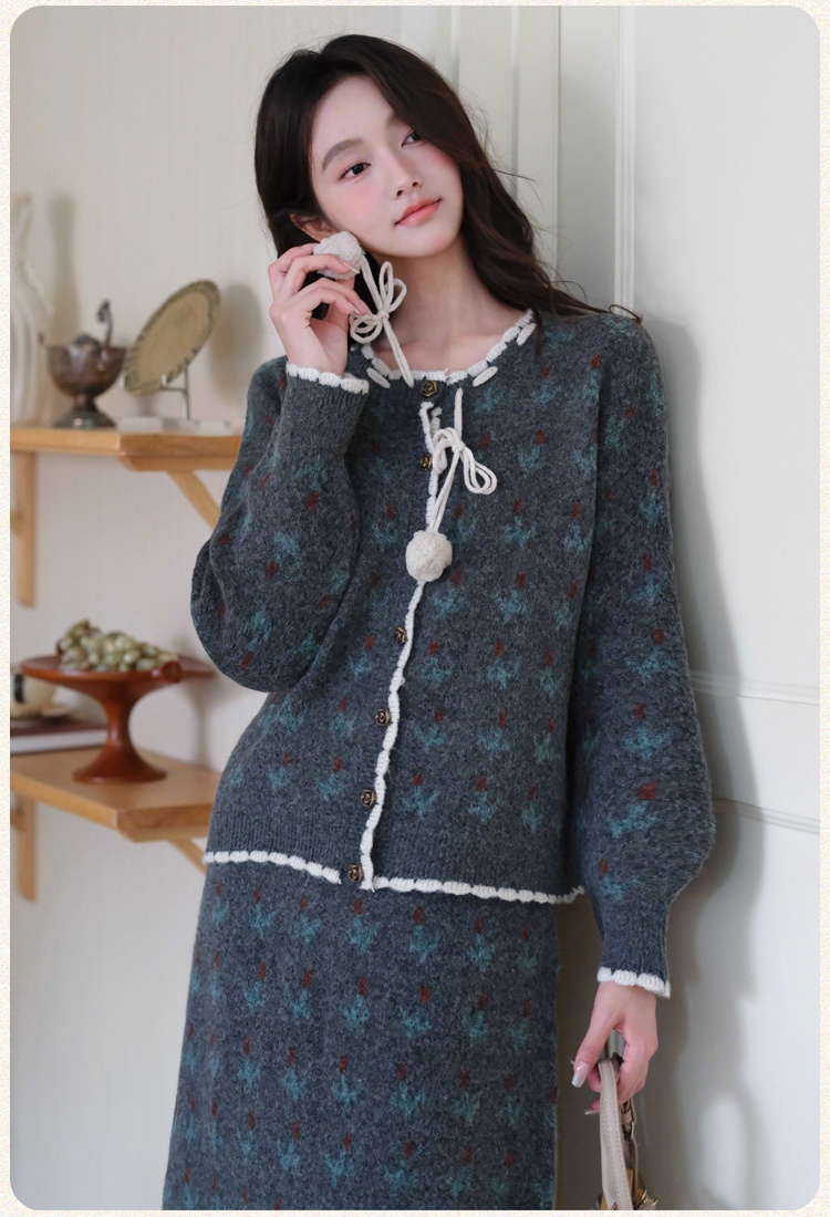 Frenum France style sweater knitted skirt 2pcs set