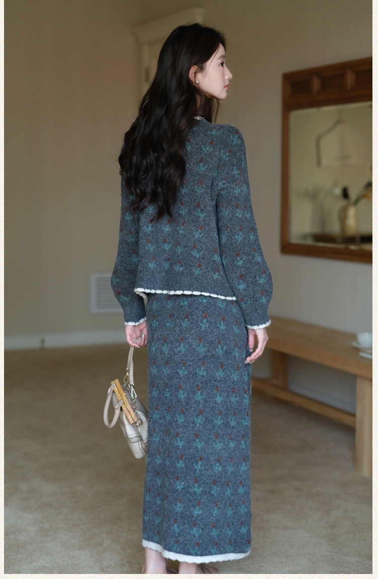Frenum France style sweater knitted skirt 2pcs set