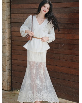 Flax beading summer shirt lace sunscreen skirt for women