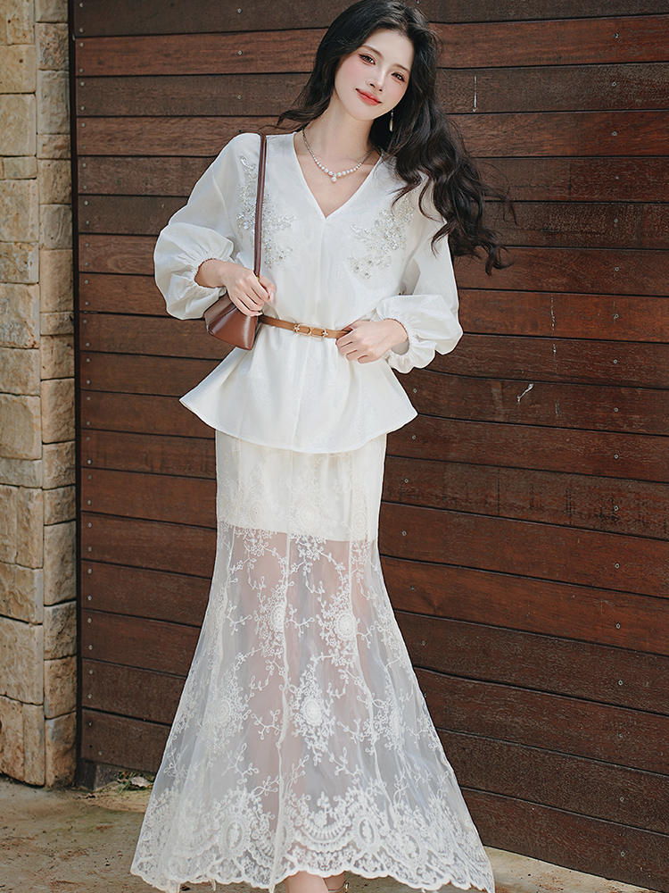 Flax beading summer shirt lace sunscreen skirt for women