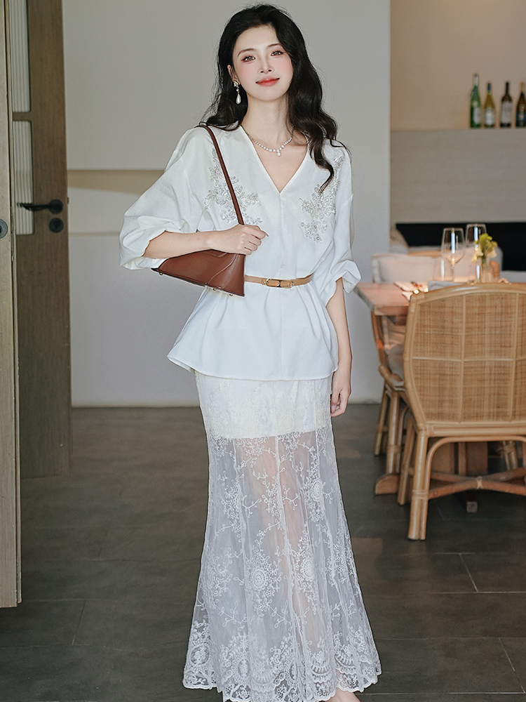 Flax beading summer shirt lace sunscreen skirt for women