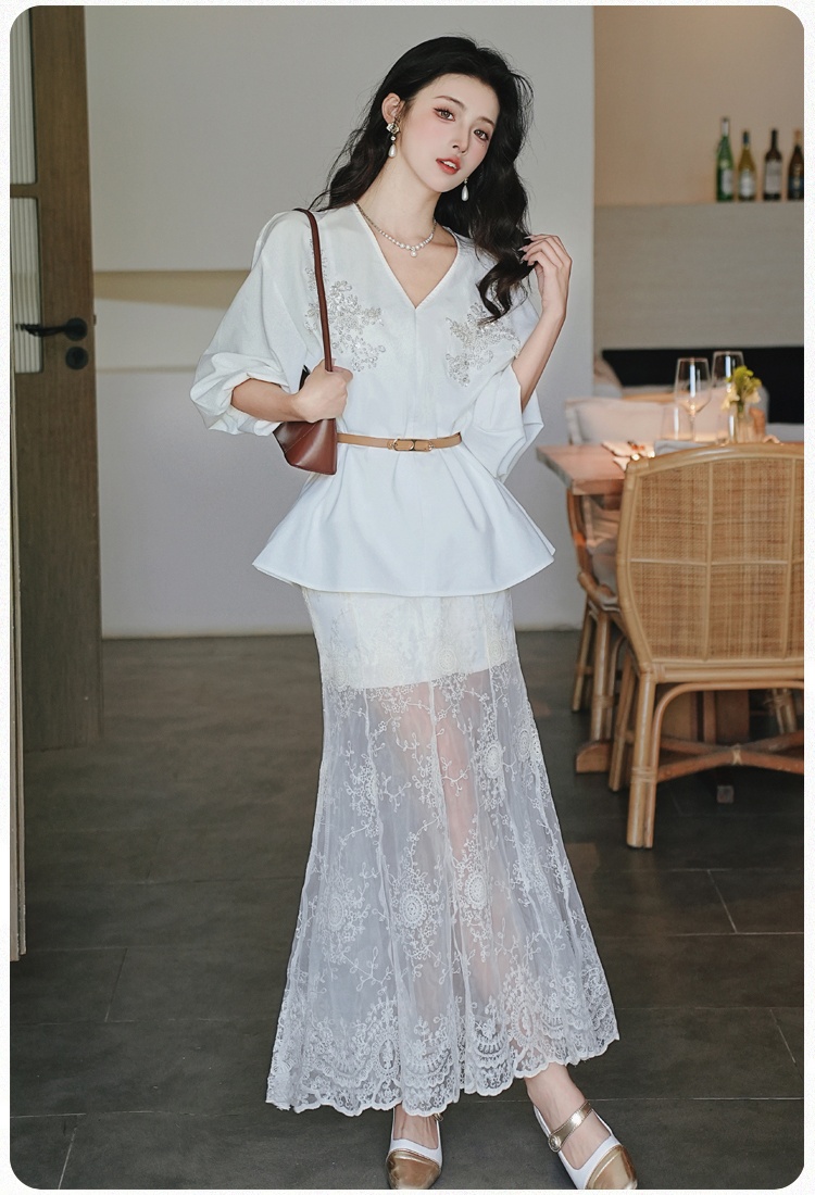Flax beading summer shirt lace sunscreen skirt for women