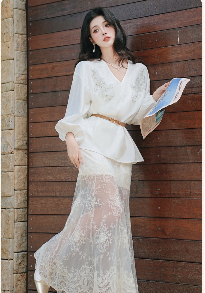 Flax beading summer shirt lace sunscreen skirt for women