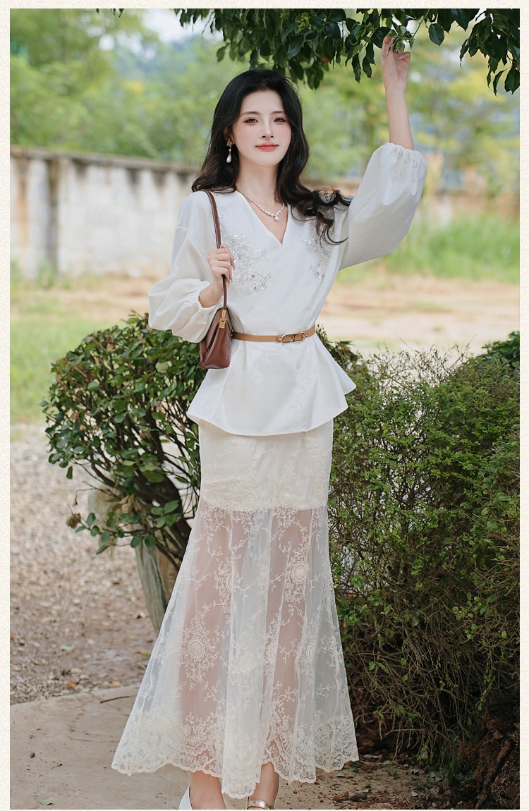 Flax beading summer shirt lace sunscreen skirt for women