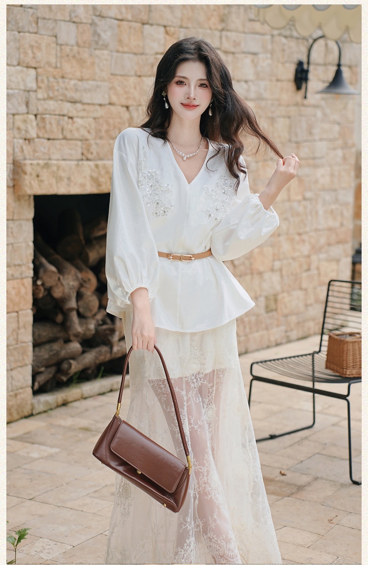 Flax beading summer shirt lace sunscreen skirt for women