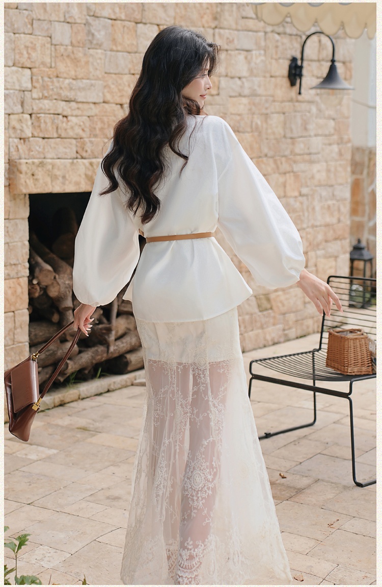 Flax beading summer shirt lace sunscreen skirt for women