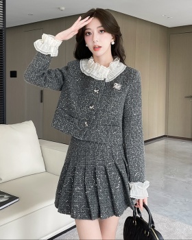 Cstand collar coat pearl skirt 2pcs set for women