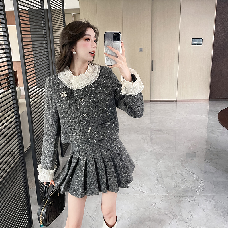 Cstand collar coat pearl skirt 2pcs set for women