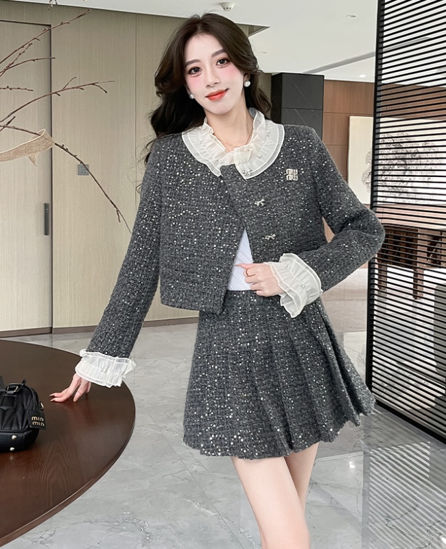 Cstand collar coat pearl skirt 2pcs set for women