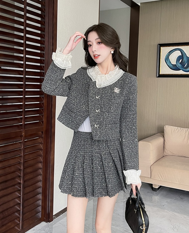 Cstand collar coat pearl skirt 2pcs set for women