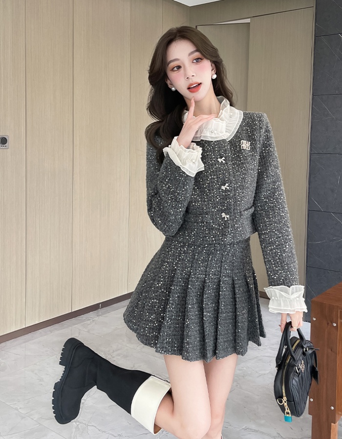 Cstand collar coat pearl skirt 2pcs set for women