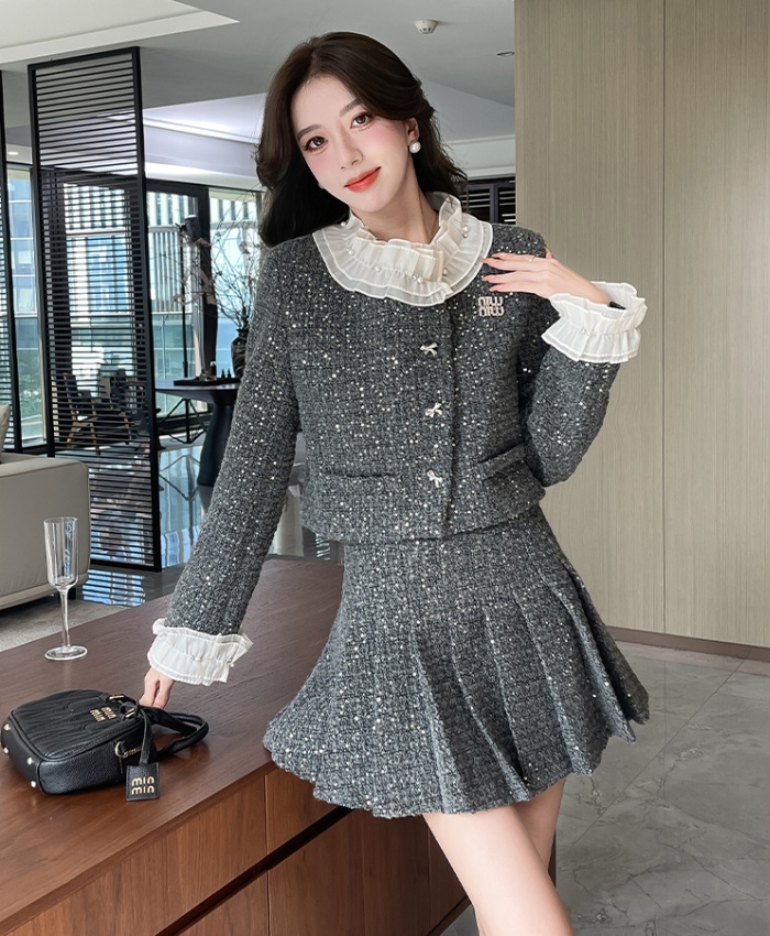 Cstand collar coat pearl skirt 2pcs set for women