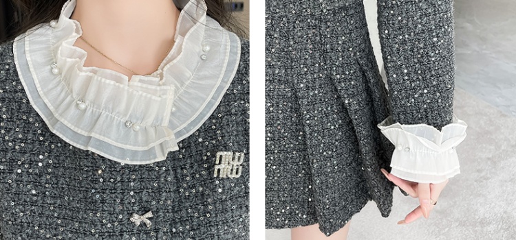 Cstand collar coat pearl skirt 2pcs set for women