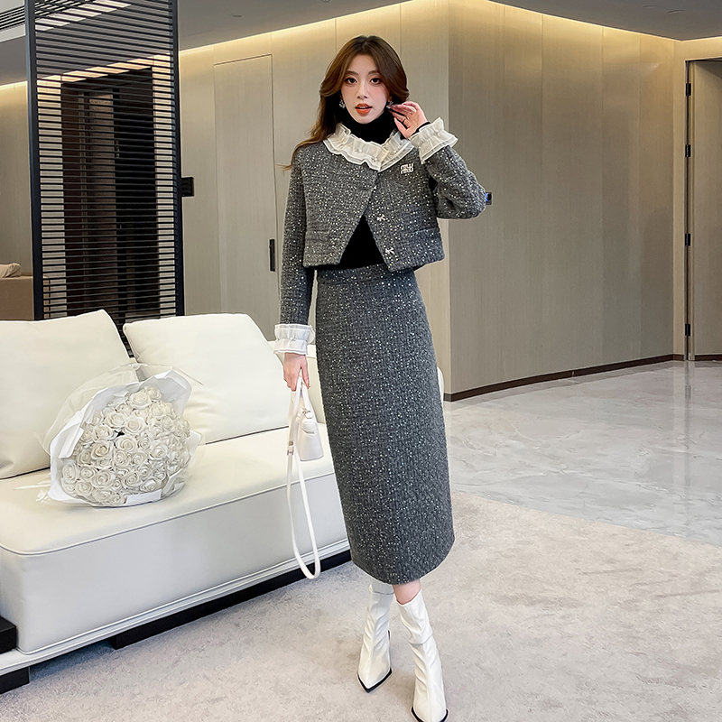 Chanelstyle woolen elegant ladies skirt 2pcs set for women