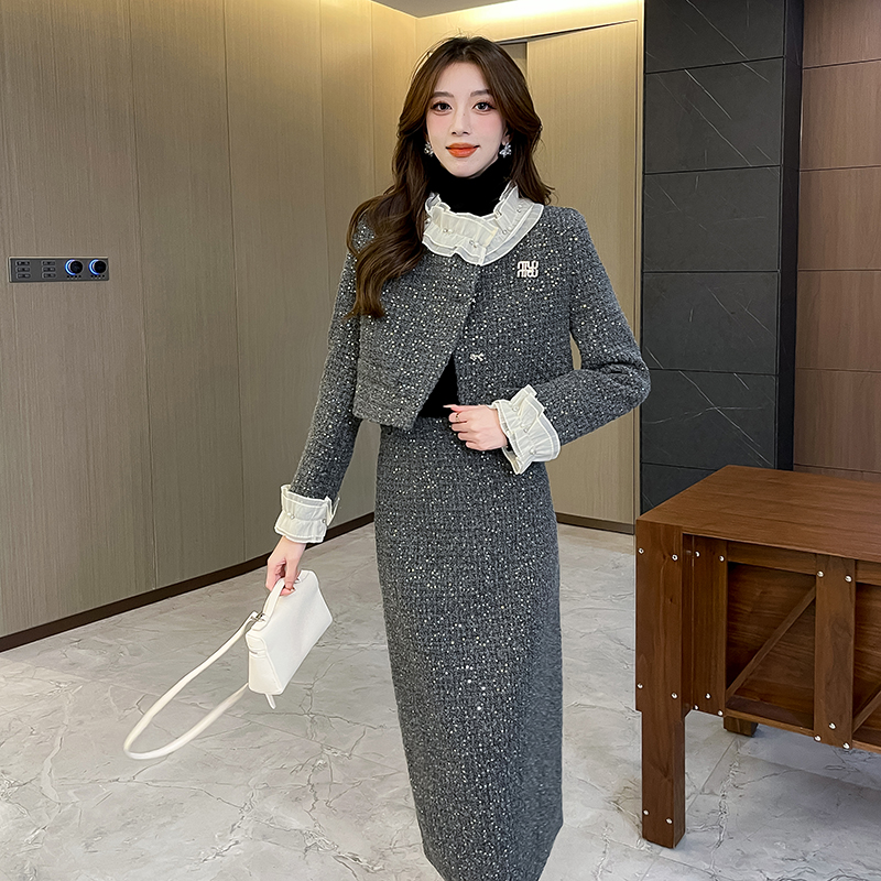 Chanelstyle woolen elegant ladies skirt 2pcs set for women