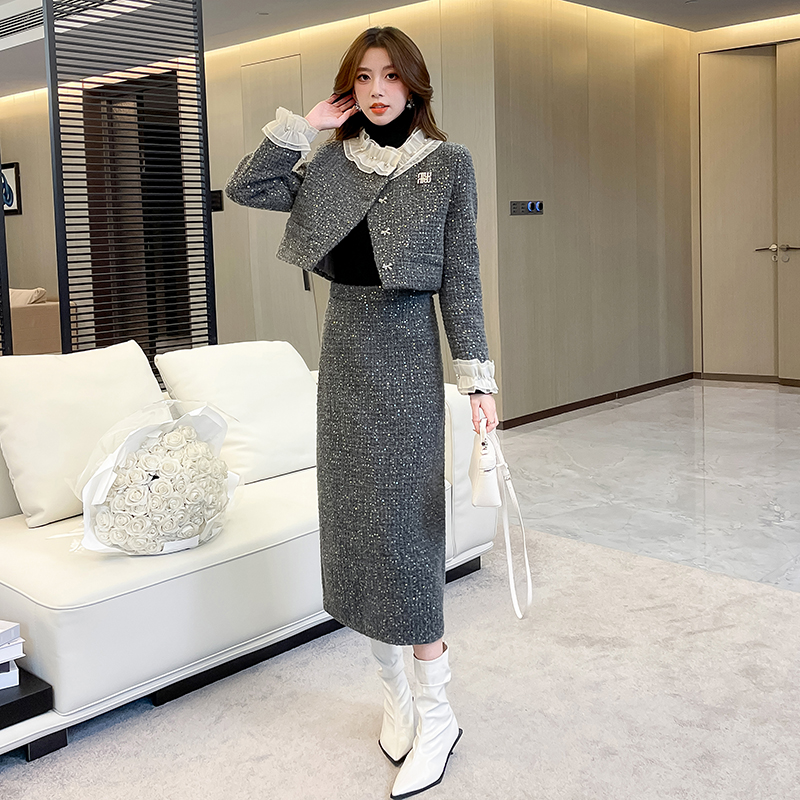 Chanelstyle woolen elegant ladies skirt 2pcs set for women