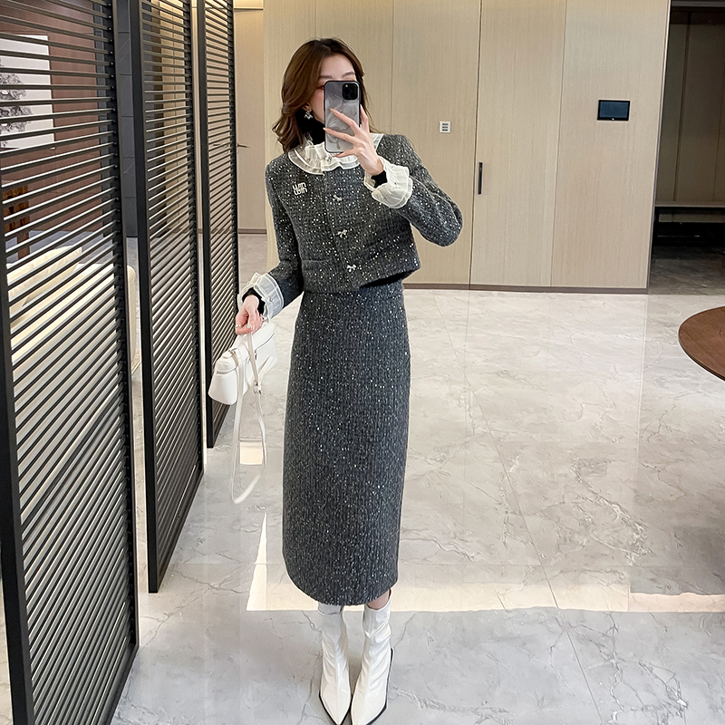 Chanelstyle woolen elegant ladies skirt 2pcs set for women