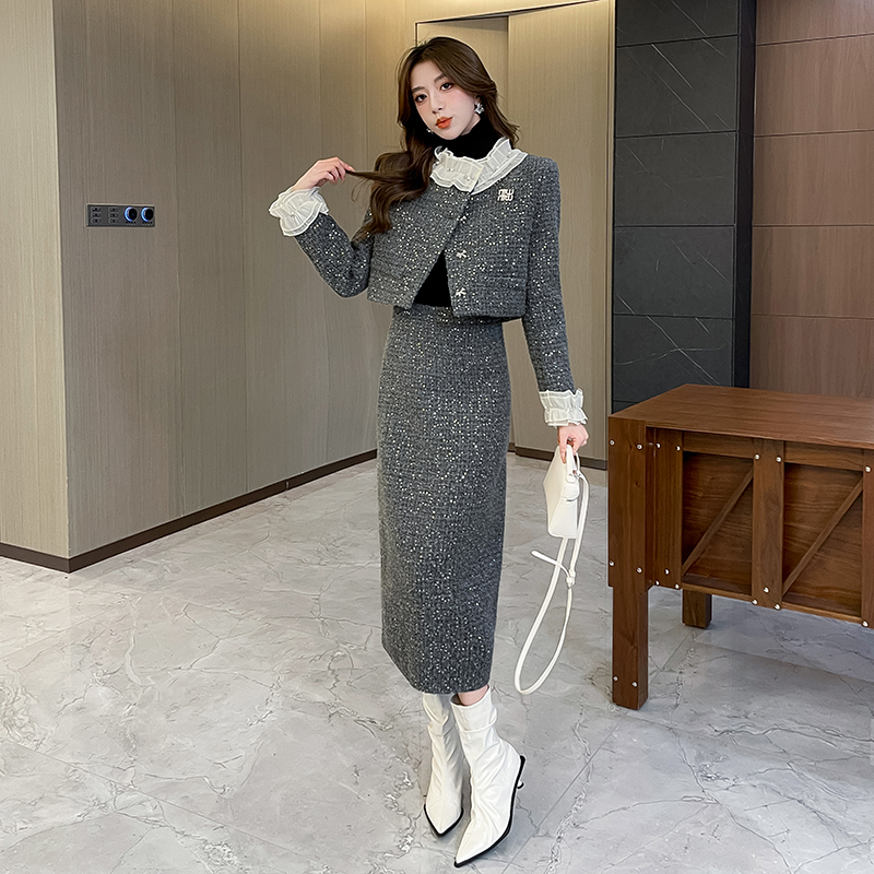Chanelstyle woolen elegant ladies skirt 2pcs set for women