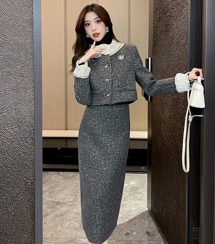 Chanelstyle woolen elegant ladies skirt 2pcs set for women
