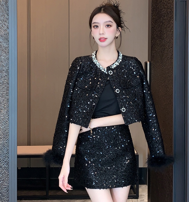 Temperament woolen coat Korean style short skirt 2pcs set