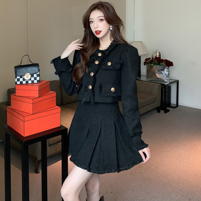 Breasted slim coat autumn and winter skirt 2pcs set