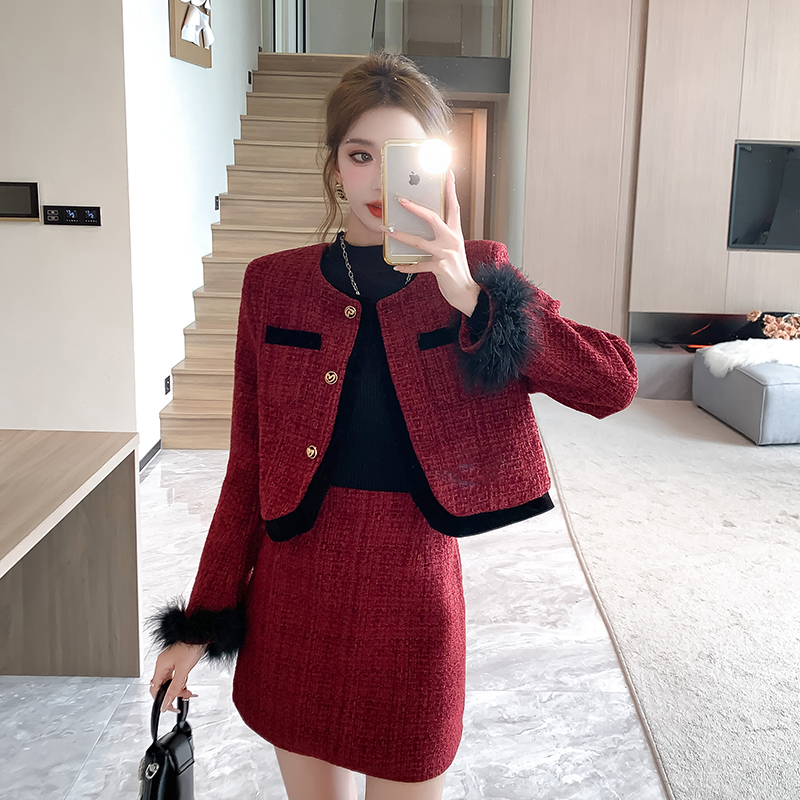 Maroon package hip coat short skirt 2pcs set for women