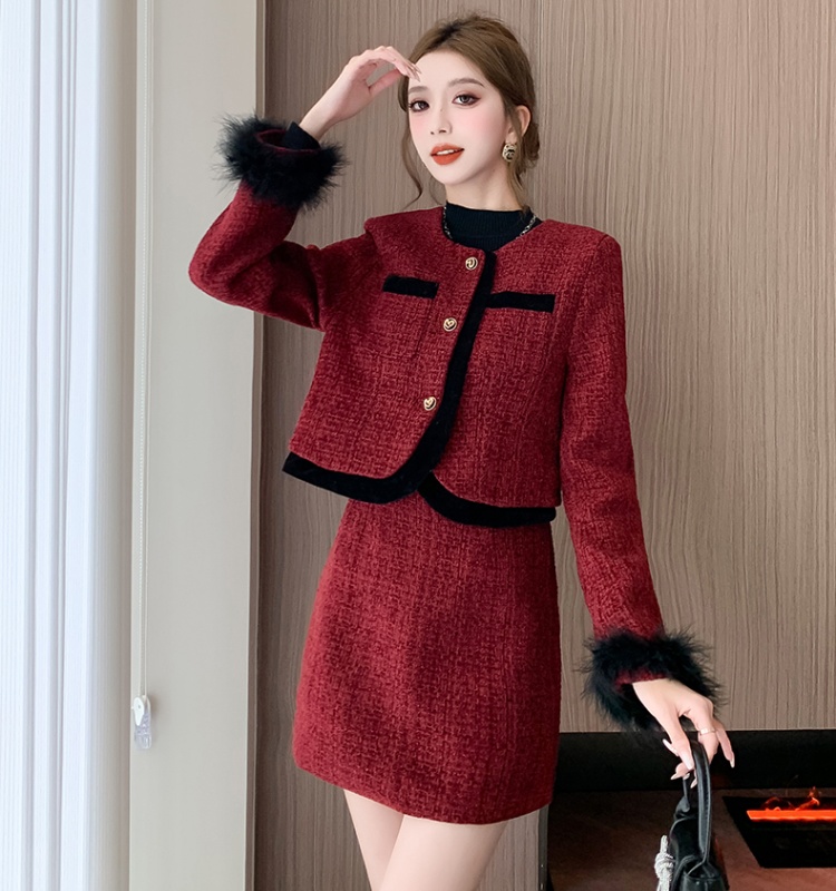 Maroon package hip coat short skirt 2pcs set for women