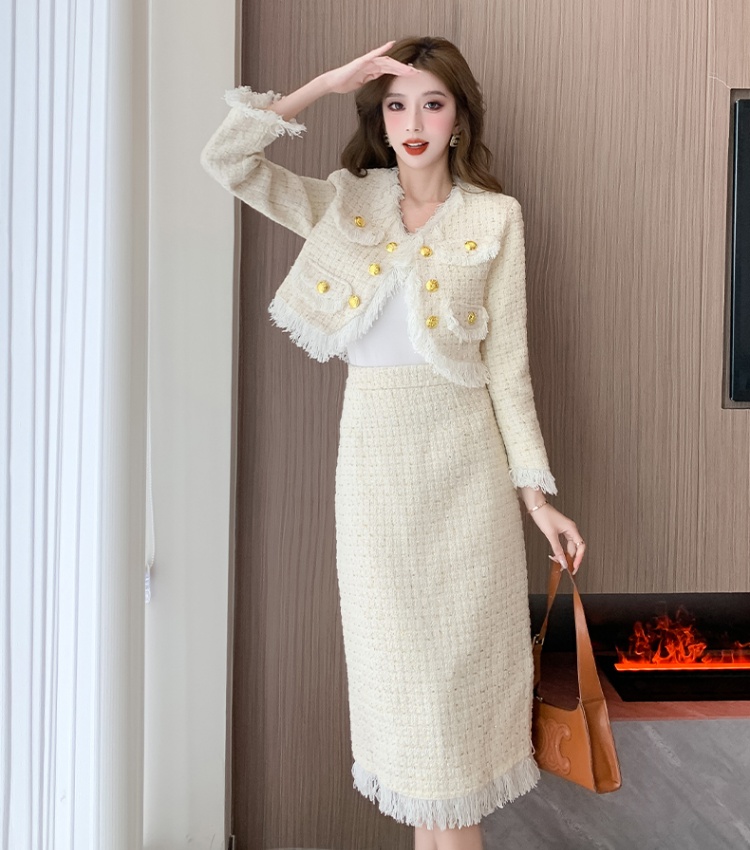 Autumn fashionable long skirt chanelstyle coat a set