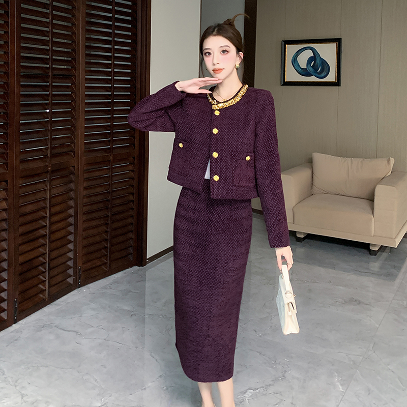 Ladies purple jacket chanelstyle skirt 2pcs set