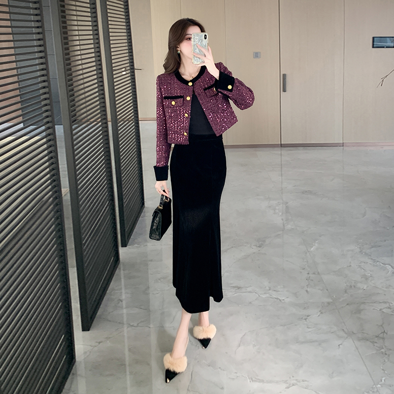 Chanelstyle autumn skirt Western style show young coat a set