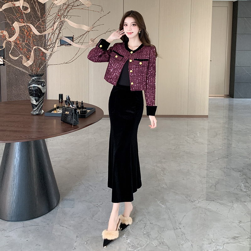 Chanelstyle autumn skirt Western style show young coat a set