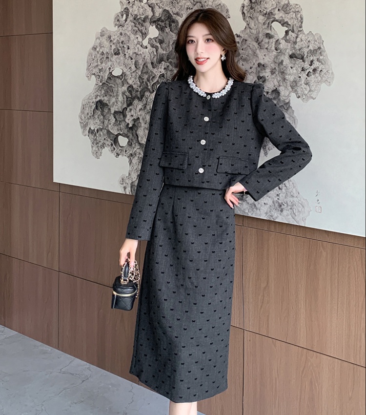 Chanelstyle printing long skirt autumn coat 2pcs set for women