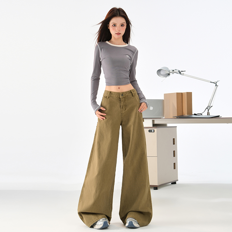 Retro low-waist work clothing loose straight jeans for women