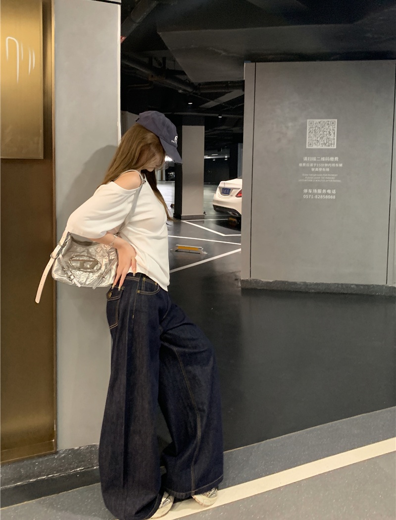 Strapless low-waist long pants straight pants jeans a set