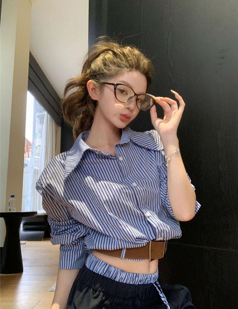 Stripe wide leg pants loose shirt a set for women